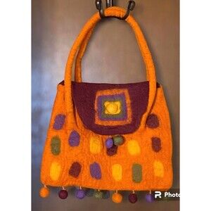 RISING TIDE Felted Wool Bag Pompoms Boho Hippie Handbag Burnt Orange Purple